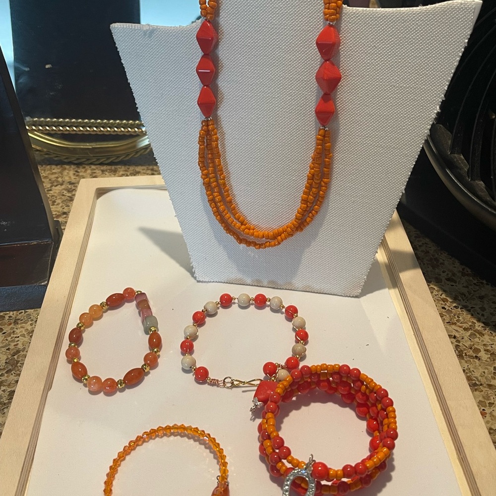 Orange and Red Beaded Necklace and Bracelet Set